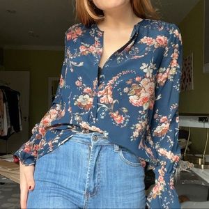 Silk Floral Print Blue Long Sleeve Blouse